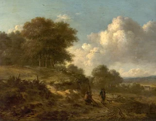 Landschaft mit Bauern und einem Hund